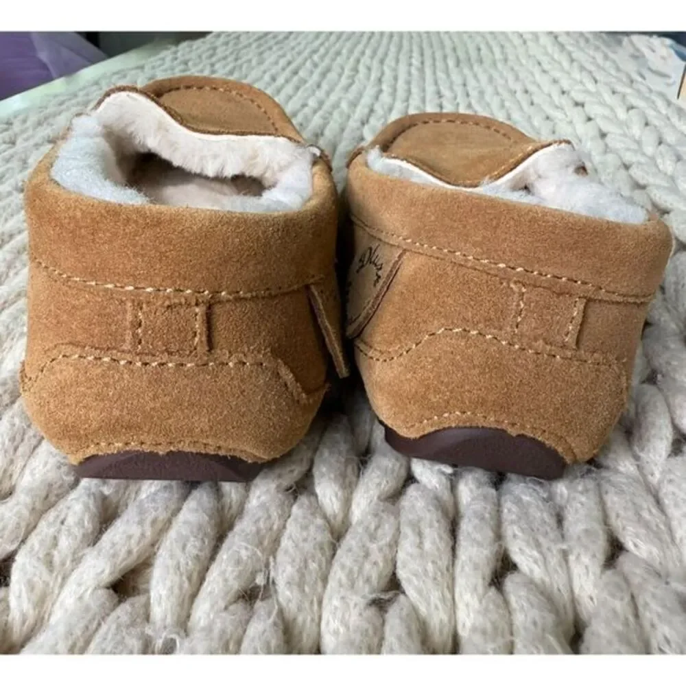 Duxe by Dearfoams Kids Tan Suede Moccasin Slippers Cozy Shearling Lined‎ Size 13
